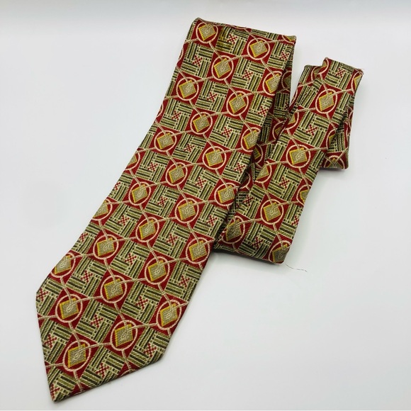 Ermenegildo Zegna vintage 100% silk red gold and green geometric pattern tie.